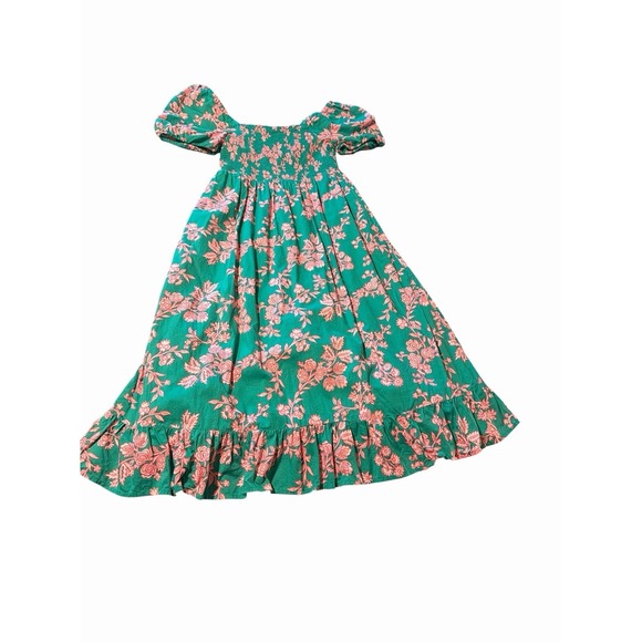 J. Crew Floral Smocked Midi Dress Green & Pink Puff Sleeve Cottagecore Boho - Picture 2 of 8